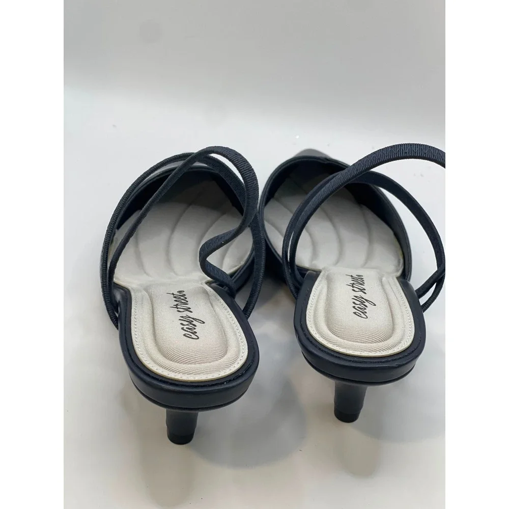 Easy Street Unna Navy Blue Slingback Kitten Heel Pumps 7W Pointed Toe